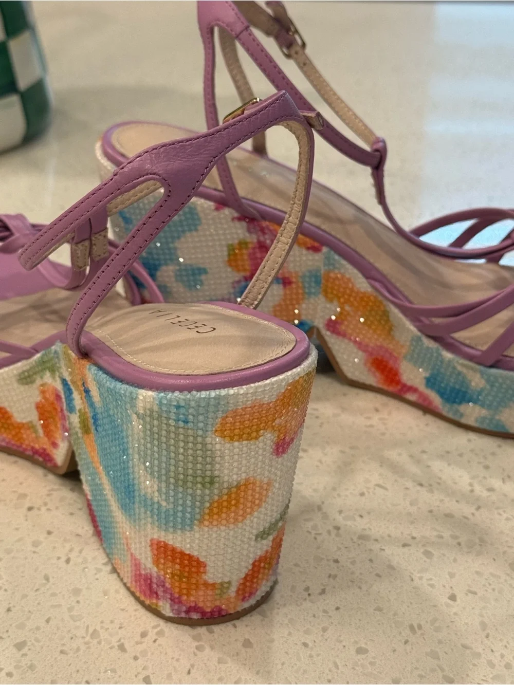 CECELIA NEW YORK Lilac T-Strap Platforms with Floral Multicolor Block Heel